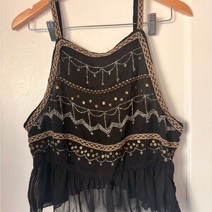 Free People Black and Gold Embroidered night out cropped top